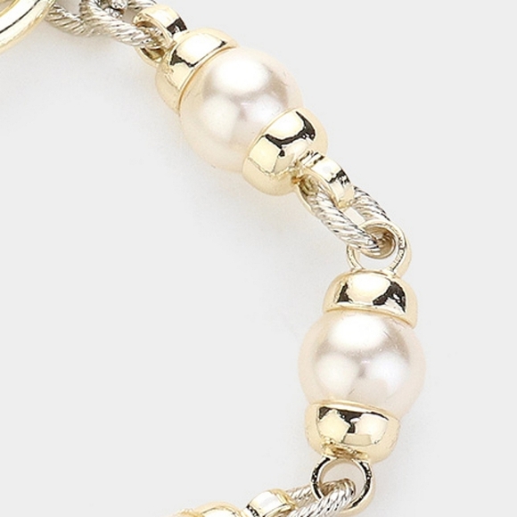 Silver Gold Pearl CZ Stone Two Tone Metal Chain Link Toggle Bracelet - Picture 2 of 4